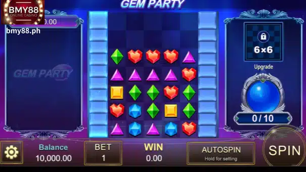 Ang Gem Party Slot Machine ay nagsisimula sa isang 5*7 na field at kailangan mong mangolekta ng mga asul na bola para lumaki ang laki sa 6*7.